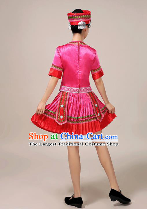 Chinese Yao Minority Dance Outfits Tujia Ethnic Folk Dance Garment Clothing Guizhou Nationality Performance Pink Short Dress