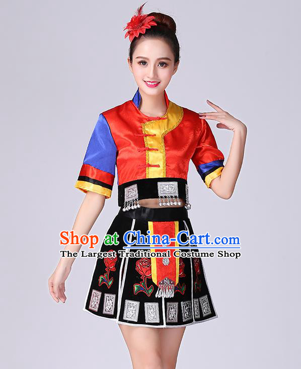 Chinese Yao Nationality Folk Dance Short Dress Minority Performance Outfits Tujia Ethnic Woman Garment Clothing