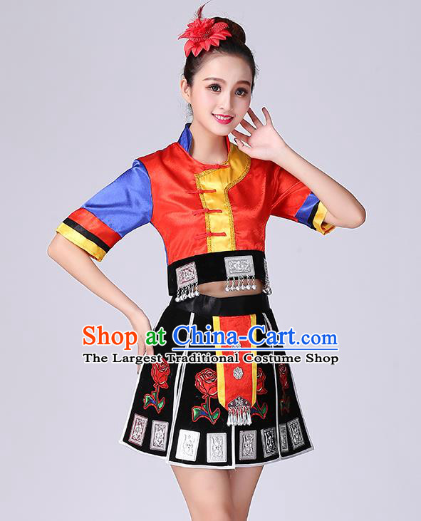 Chinese Yao Nationality Folk Dance Short Dress Minority Performance Outfits Tujia Ethnic Woman Garment Clothing