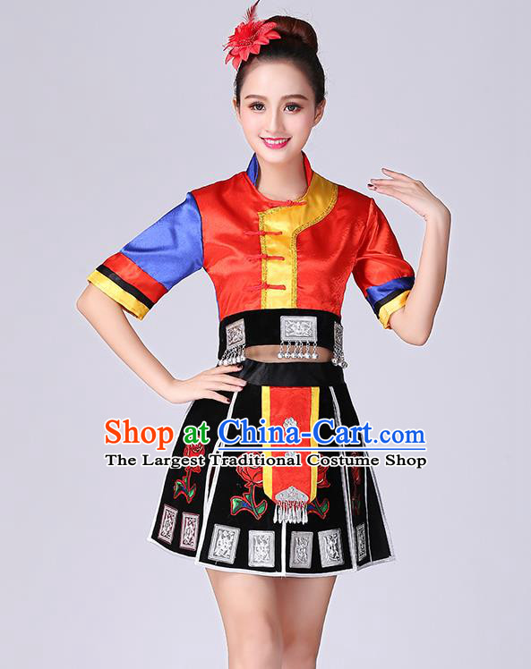 Chinese Yao Nationality Folk Dance Short Dress Minority Performance Outfits Tujia Ethnic Woman Garment Clothing