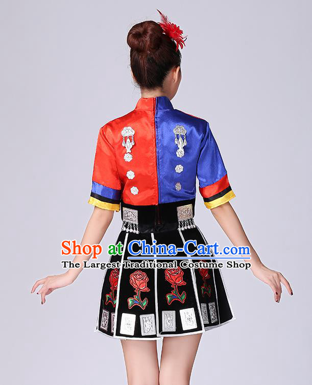 Chinese Yao Nationality Folk Dance Short Dress Minority Performance Outfits Tujia Ethnic Woman Garment Clothing