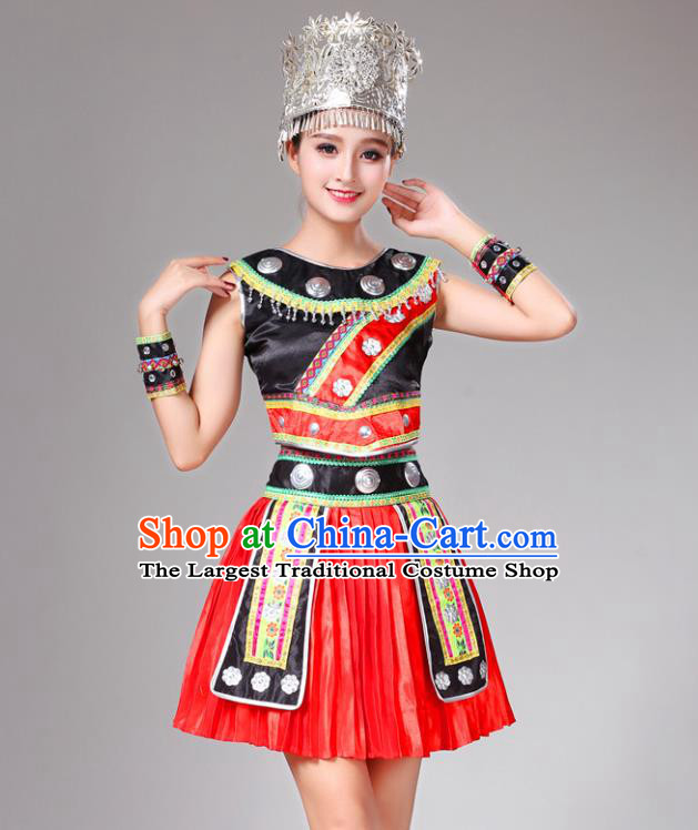 Chinese Tujia Ethnic Garment Dong Nationality Folk Dance Short Dress Xiangxi Minority Performance Outfits Clothing