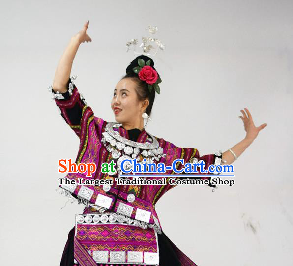 Chinese Yi Minority Purple Outfits Ethnic Folk Dance Garment Xiangxi Nationality Performance Dress Clothing