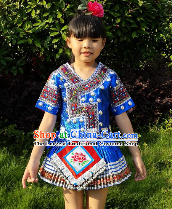 Chinese Xiangxi Ethnic Garment Costumes Traditional Miao Nationality Girls Blue Outfits Clothing