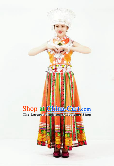 Chinese Miao Nationality Performance Yellow Dress Clothing Hmong Minority Black Outfits Xiangxi Ethnic Folk Dance Garment and Headdress