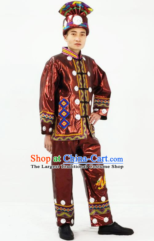 China Traditional Dong Nationality Performance Garment Costumes Xiangxi Folk Dance Brown Clothing and Headwear