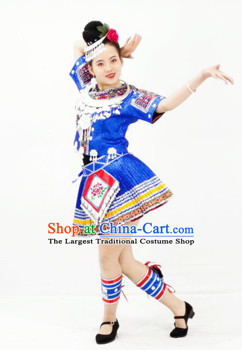 Chinese Hmong Minority Ethnic Folk Dance Royalblue Short Dress Outfits Miao Nationality Performance Garment Clothing and Headdress
