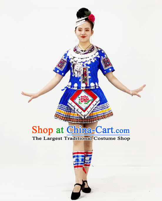 Chinese Hmong Minority Ethnic Folk Dance Royalblue Short Dress Outfits Miao Nationality Performance Garment Clothing and Headdress