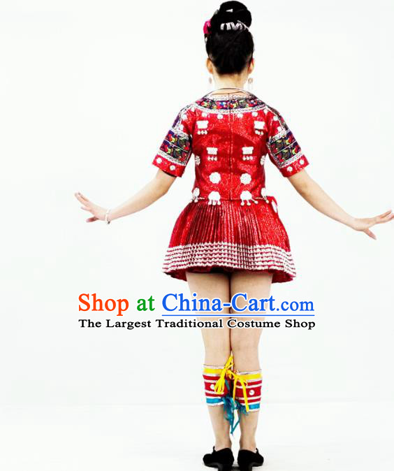 Chinese Miao Nationality Folk Dance Garment Clothing Hmong Minority Ethnic Red Short Dress Outfits and Headpieces