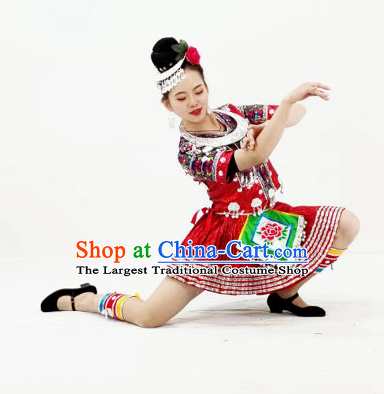 Chinese Miao Nationality Folk Dance Garment Clothing Hmong Minority Ethnic Red Short Dress Outfits and Headpieces