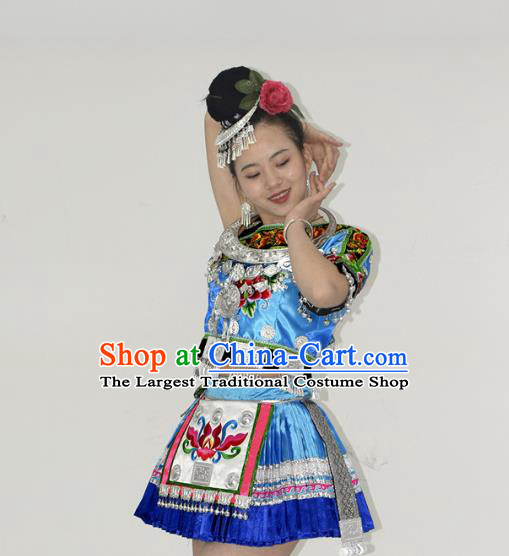 Chinese Yi Nationality Stage Performance Garment Clothing Tujia Minority Ethnic Blue Short Dress Outfits and Hair Jewelry