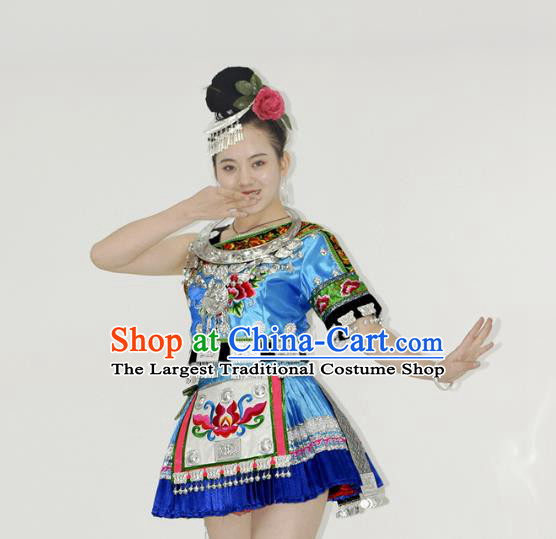 Chinese Yi Nationality Stage Performance Garment Clothing Tujia Minority Ethnic Blue Short Dress Outfits and Hair Jewelry
