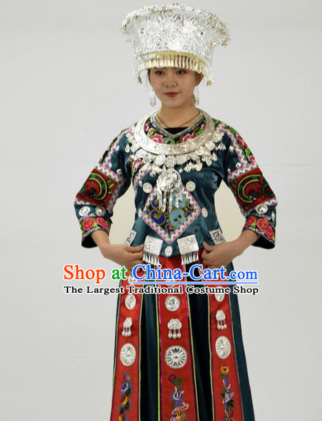 Chinese Miao Nationality Stage Performance Garment Clothing Hmong Minority Ethnic Peacock Blue Dress Outfits and Silver Hat