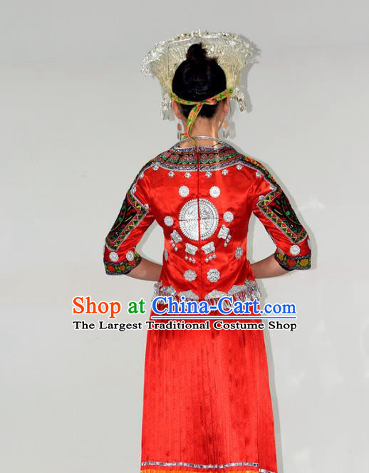 Chinese Hmong Minority Ethnic Bride Red Dress Outfits Miao Nationality Wedding Garment Clothing and Headdress