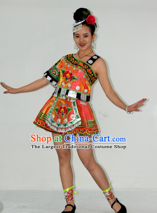 Chinese Miao Minority Ethnic Stage Performance Short Dress Outfits Hmong Nationality Folk Dance Garment Clothing and Hair Jewelry
