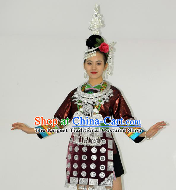 Chinese Dong Minority Ethnic Folk Dance Short Dress Outfits Tujia Nationality Performance Garment Clothing and Hair Accessories