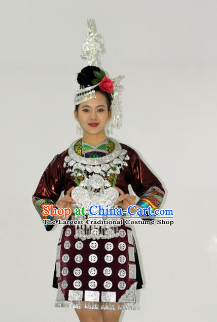 Chinese Dong Minority Ethnic Folk Dance Short Dress Outfits Tujia Nationality Performance Garment Clothing and Hair Accessories