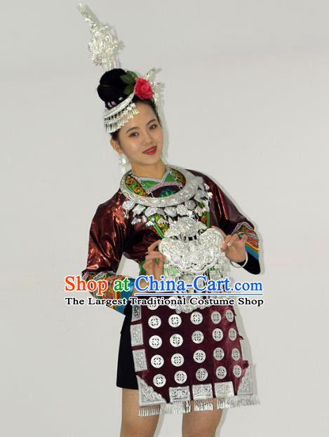 Chinese Dong Minority Ethnic Folk Dance Short Dress Outfits Tujia Nationality Performance Garment Clothing and Hair Accessories