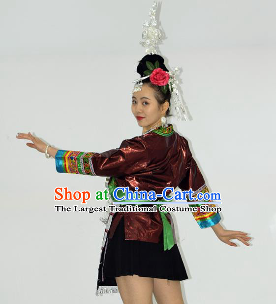 Chinese Dong Minority Ethnic Folk Dance Short Dress Outfits Tujia Nationality Performance Garment Clothing and Hair Accessories