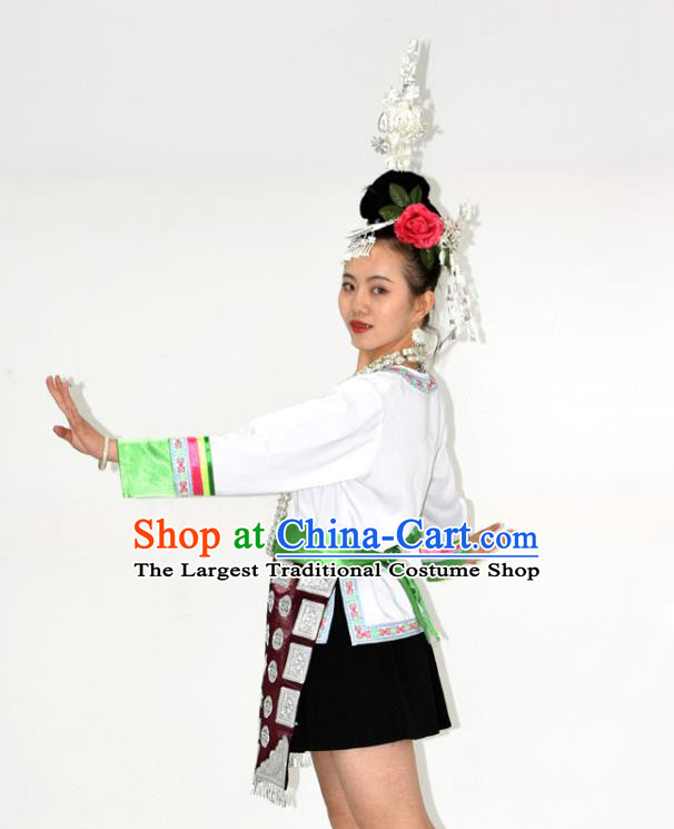 Chinese Tujia Nationality Performance Garment Clothing Dong Minority Ethnic Folk Dance Short Dress Outfits and Headdress