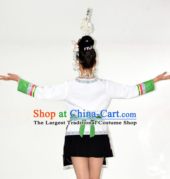 Chinese Tujia Nationality Performance Garment Clothing Dong Minority Ethnic Folk Dance Short Dress Outfits and Headdress