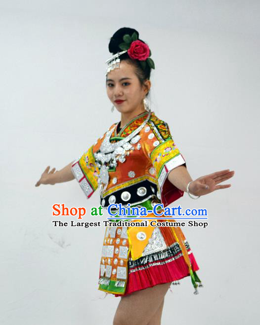 Chinese Yi Minority Dance Short Dress Outfits Ethnic Garment Miao Nationality Stage Performance Clothing and Headpieces