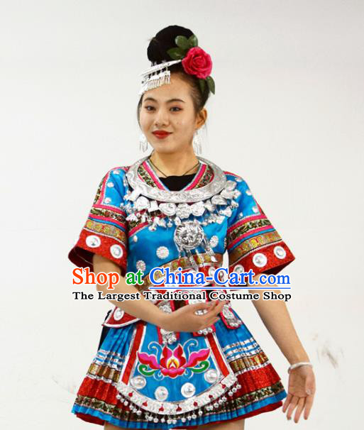 Chinese Ethnic Garment Miao Nationality Stage Performance Clothing Yi Minority Dance Blue Short Dress Outfits and Headwear