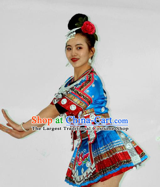 Chinese Ethnic Garment Miao Nationality Stage Performance Clothing Yi Minority Dance Blue Short Dress Outfits and Headwear