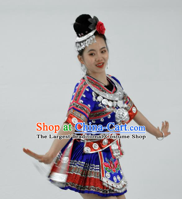 Chinese Miao Nationality Stage Performance Clothing Yi Minority Dance Royalblue Short Dress Outfits Ethnic Garment and Hair Accessories