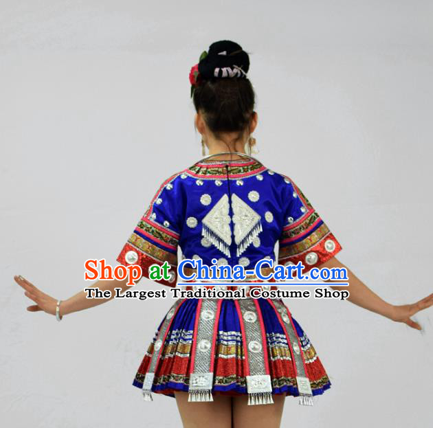 Chinese Miao Nationality Stage Performance Clothing Yi Minority Dance Royalblue Short Dress Outfits Ethnic Garment and Hair Accessories