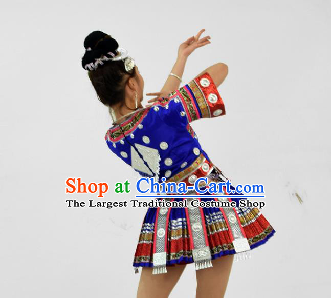 Chinese Miao Nationality Stage Performance Clothing Yi Minority Dance Royalblue Short Dress Outfits Ethnic Garment and Hair Accessories