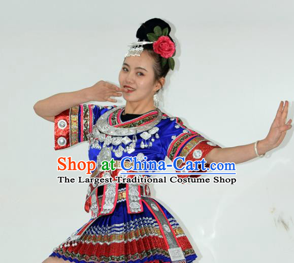 Chinese Miao Nationality Stage Performance Clothing Yi Minority Dance Royalblue Short Dress Outfits Ethnic Garment and Hair Accessories