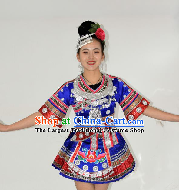 Chinese Miao Nationality Stage Performance Clothing Yi Minority Dance Royalblue Short Dress Outfits Ethnic Garment and Hair Accessories