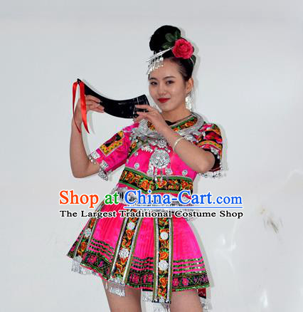 Chinese Miao Nationality Folk Dance Clothing Yi Minority Performance Rosy Short Dress Ethnic Woman Garment Outfits and Hair Jewelry