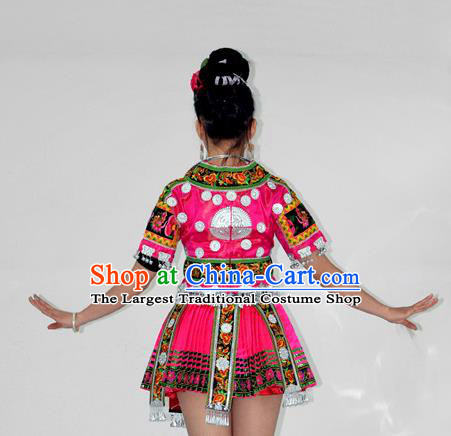 Chinese Miao Nationality Folk Dance Clothing Yi Minority Performance Rosy Short Dress Ethnic Woman Garment Outfits and Hair Jewelry