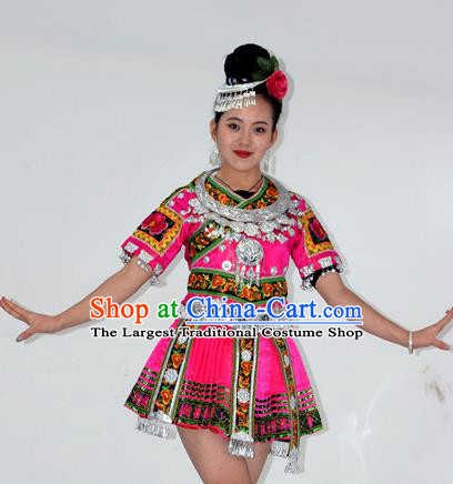 Chinese Miao Nationality Folk Dance Clothing Yi Minority Performance Rosy Short Dress Ethnic Woman Garment Outfits and Hair Jewelry