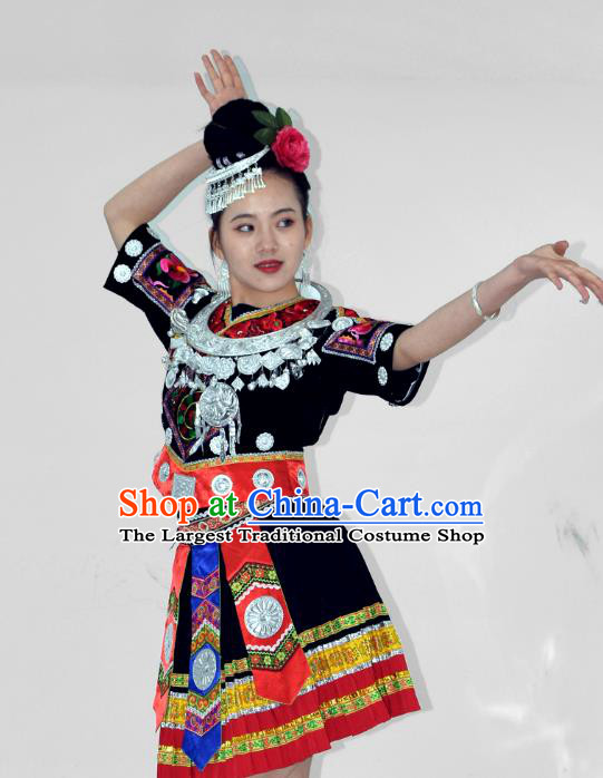 Chinese Ethnic Woman Garment Outfits Miao Nationality Folk Dance Clothing Yi Minority Performance Black Short Dress and Hair Jewelry
