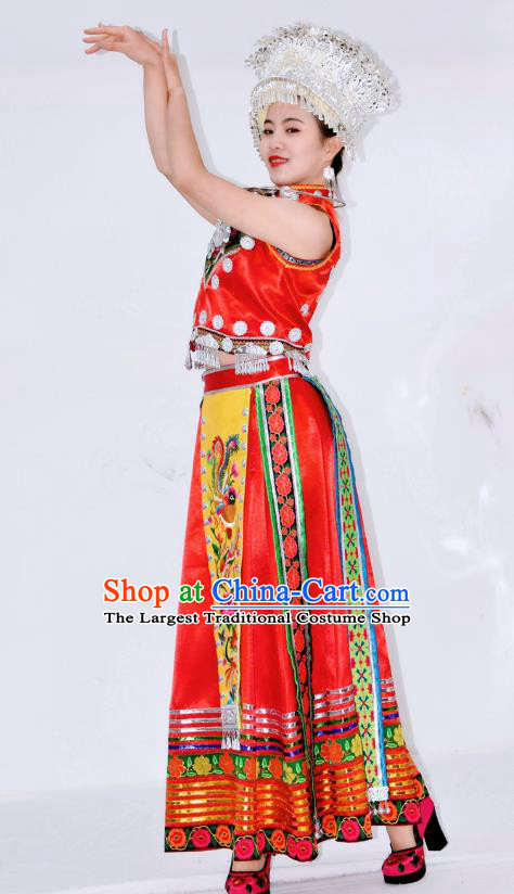 Chinese Ethnic Folk Dance Garment Outfits Miao Nationality Red Clothing Hmong Minority Performance Dress and Headwear