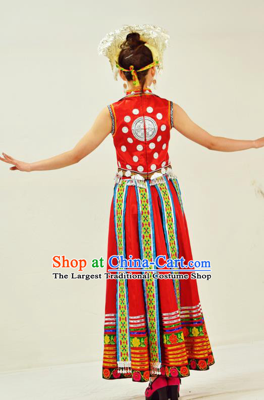 Chinese Ethnic Folk Dance Garment Outfits Miao Nationality Red Clothing Hmong Minority Performance Dress and Headwear