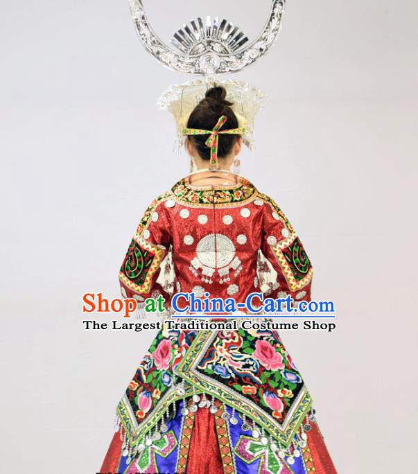 Chinese Miao Nationality Wedding Clothing Hmong Minority Bride Red Dress Ethnic Folk Dance Garment Outfits and Silver Hat