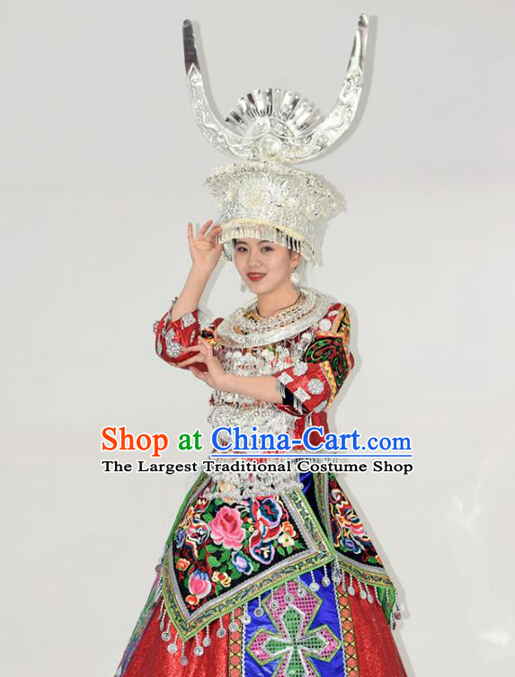 Chinese Miao Nationality Wedding Clothing Hmong Minority Bride Red Dress Ethnic Folk Dance Garment Outfits and Silver Hat