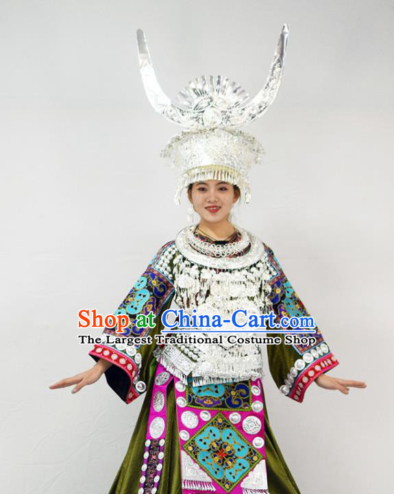 Chinese Ethnic Folk Dance Garment Outfits Miao Nationality Festival Clothing Hmong Minority Performance Green Dress and Silver Hat