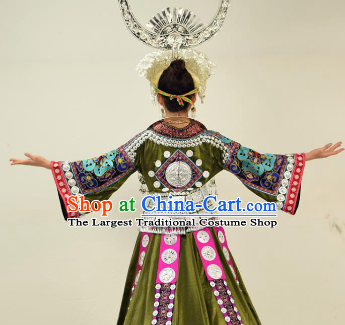 Chinese Ethnic Folk Dance Garment Outfits Miao Nationality Festival Clothing Hmong Minority Performance Green Dress and Silver Hat