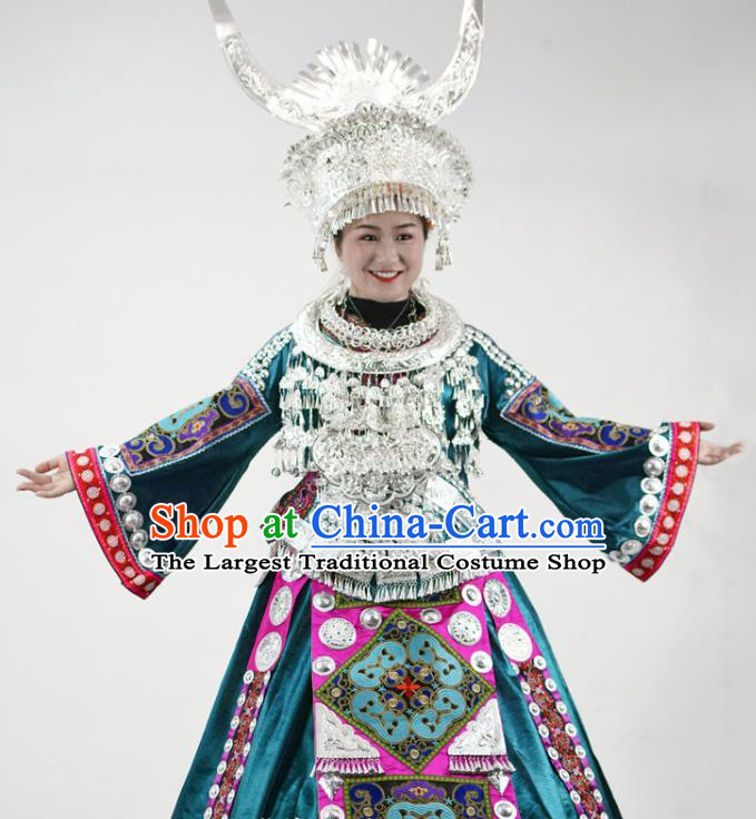 Chinese Miao Nationality Festival Clothing Hmong Minority Performance Blue Dress Ethnic Dance Garment Outfits and Silver Hat
