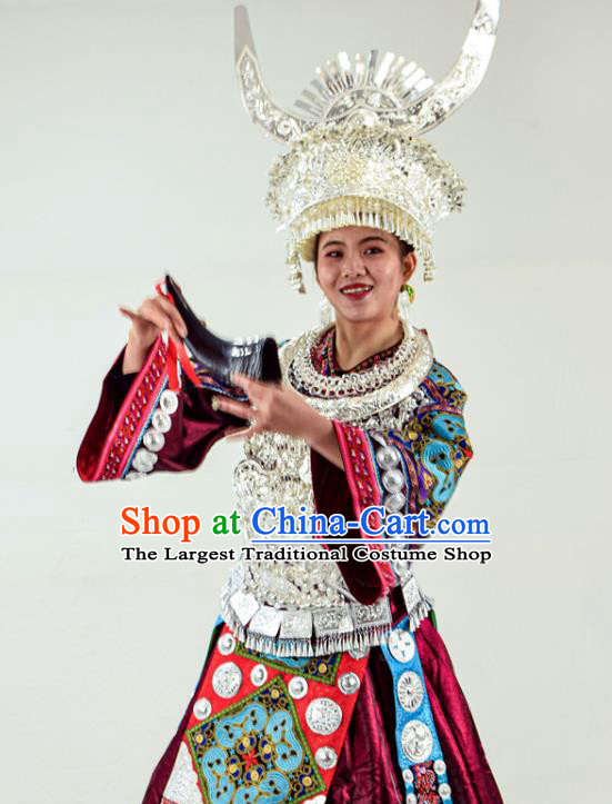 Chinese Ethnic Folk Dance Garment Outfits Miao Nationality Festival Clothing Hmong Minority Wine Red Dress and Silver Hat
