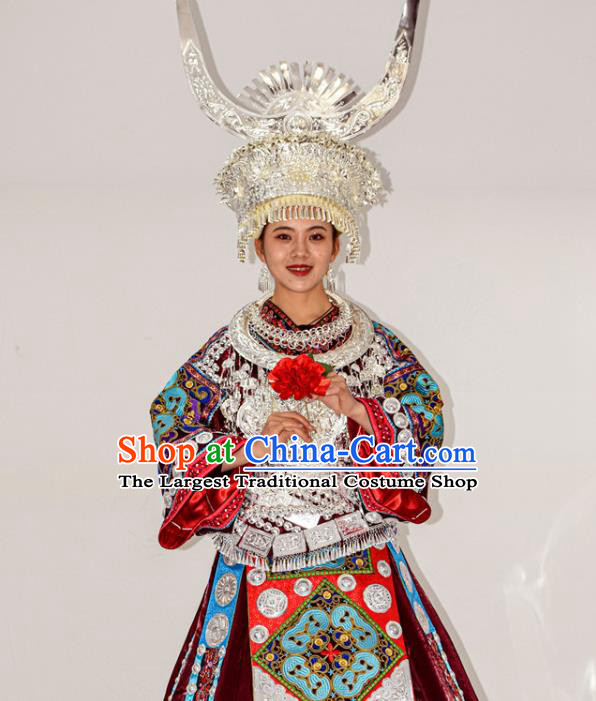 Chinese Ethnic Folk Dance Garment Outfits Miao Nationality Festival Clothing Hmong Minority Wine Red Dress and Silver Hat