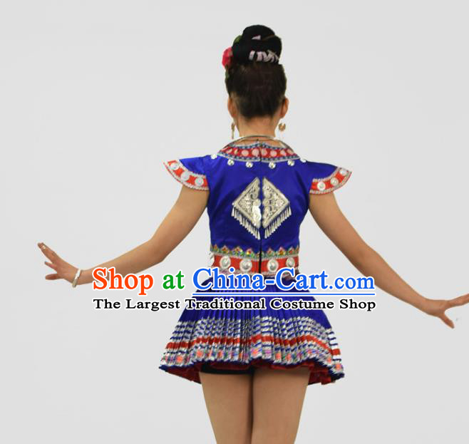 Chinese Ethnic Garment Dong Nationality Stage Performance Clothing Miao Minority Dance Royalblue Short Dress Outfits and Headpieces