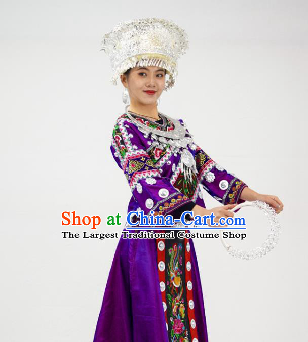 Chinese Ethnic Festival Garment Outfits Miao Nationality Clothing Hmong Minority Folk Dance Purple Dress and Silver Jewelry