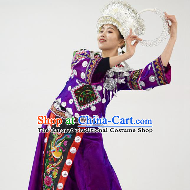 Chinese Ethnic Festival Garment Outfits Miao Nationality Clothing Hmong Minority Folk Dance Purple Dress and Silver Jewelry