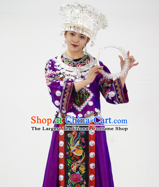 Chinese Ethnic Festival Garment Outfits Miao Nationality Clothing Hmong Minority Folk Dance Purple Dress and Silver Jewelry